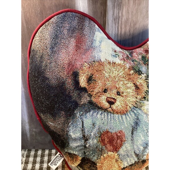 Riddle & Cockrell Heart Shaped Teddy Bear Pillow Embroidered Style Roughly 16x15 - Picture 9 of 11